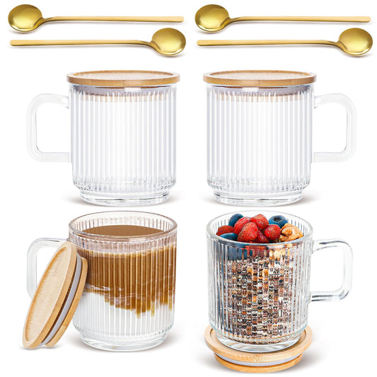 Set of 4 Glass Coffee Mugs with Bamboo Lids and Spoons, 12oz Vintage Ribbed Glassware for Latte, Tea, Cappuccino - Gift